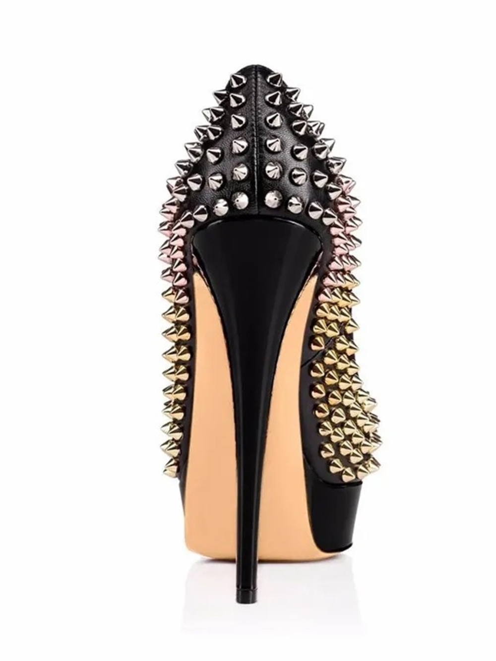 FSJ Brand Black Studded High Heel Peep-Toe Pumps - Picture 2 of 3